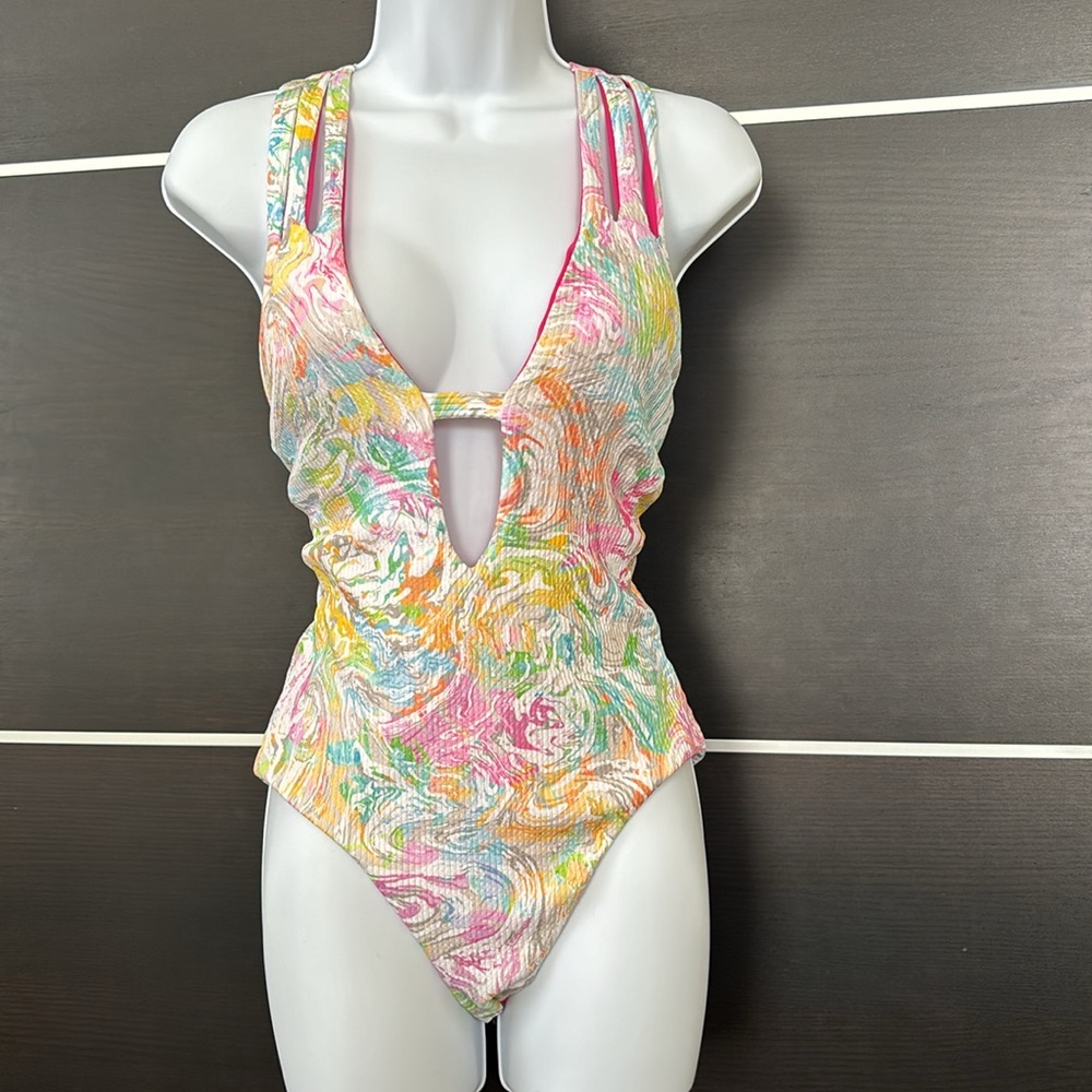 NWOT - Becca Hot Springs Floral Deep Plunge One Piece Swimsuit - Picture 3 of 14